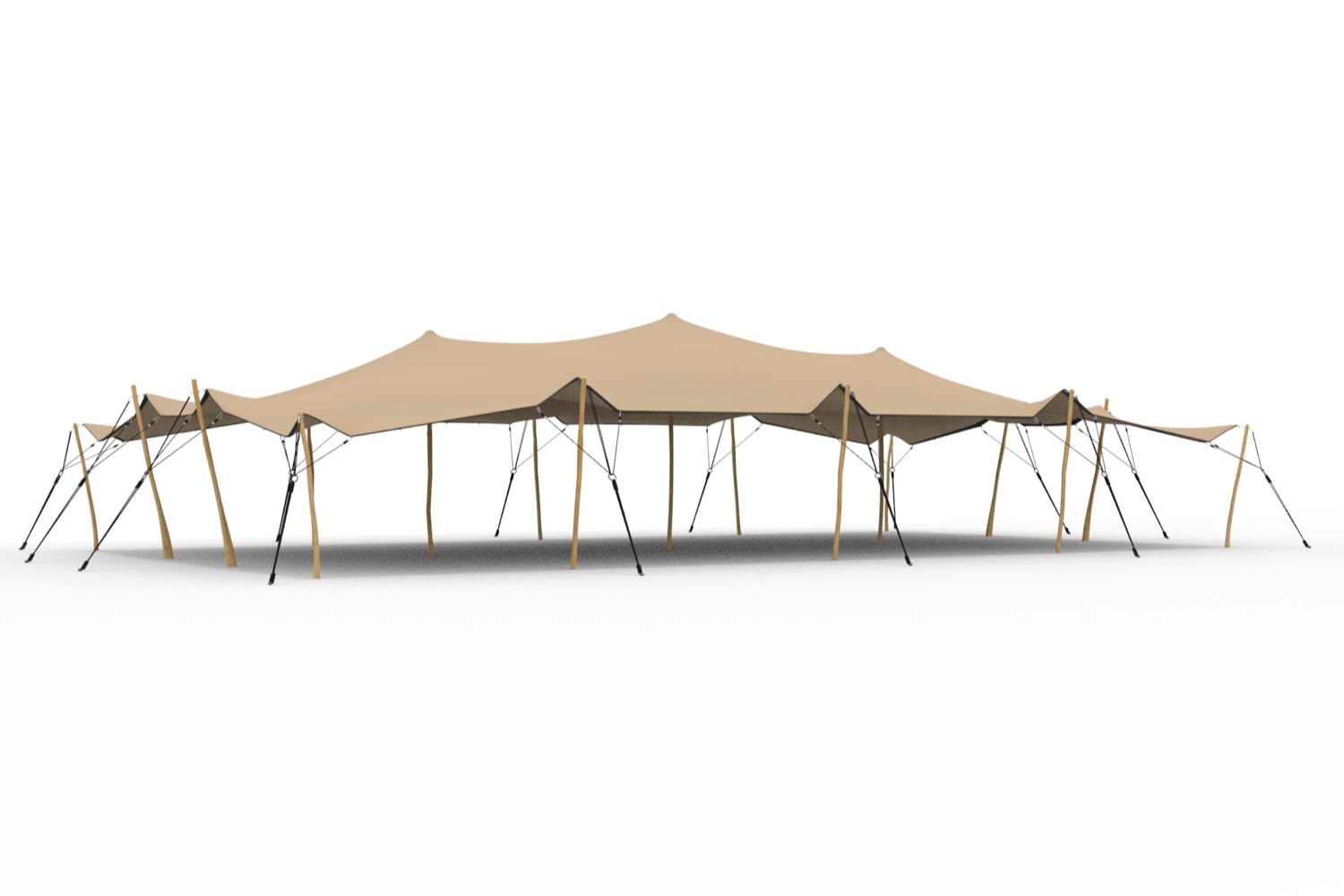 Stretchtent 19 x 10,5m touwen houten palen zandkleur